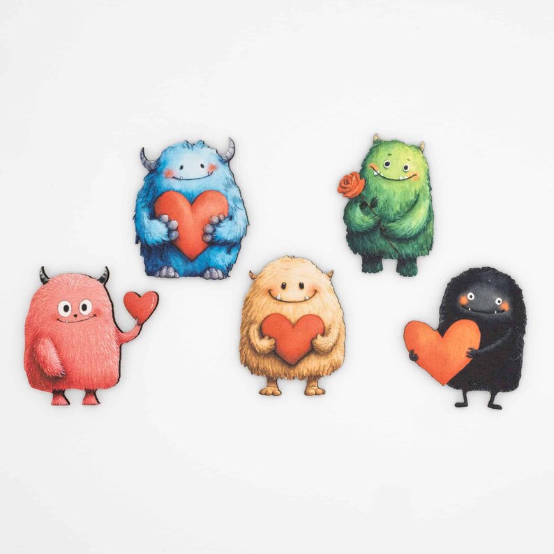 Heart Monster Fridge Magnets | Wood Magnet Set with Neodymium Magnets | Cute Kawaii Kitchen Decor | Handmade in Belgium by Flowz image 4