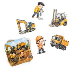 Peut inclure: Un ensemble d'autocollants et un dessous de verre carré sur le thème de la construction, illustrant des excavatrices, des camions-bennes, des chariots élévateurs jaunes et des ouvriers en gilets orange et casques, dans un style cartoon détaillé.