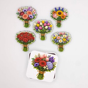 Flower Bouquet Fridge Magnet Set | Wood Magnets with Floral Print | Romantic Gift | Handmade in Belgium image 1