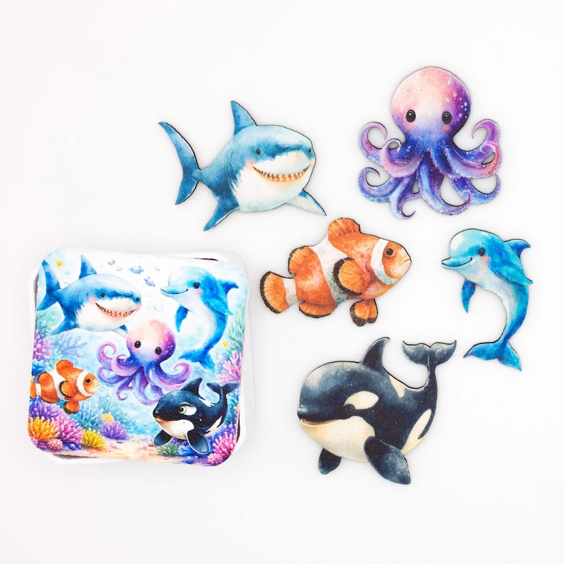 Juego de imanes de madera con animales marinos - Imanes submarinos para nevera - Regalo artesanal para niños - Hecho en Bélgica imagen 1