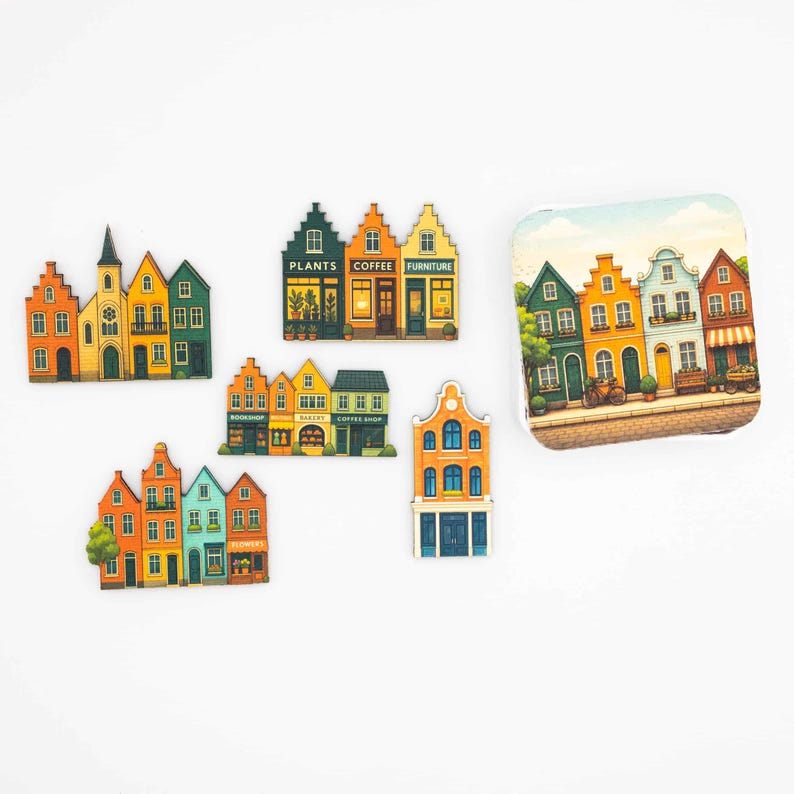 Juego de imanes para nevera con casas adosadas | Imanes coloridos de madera con escenas callejeras | Hechos a mano en Bélgica | Regalo de decoración para la cocina imagen 1