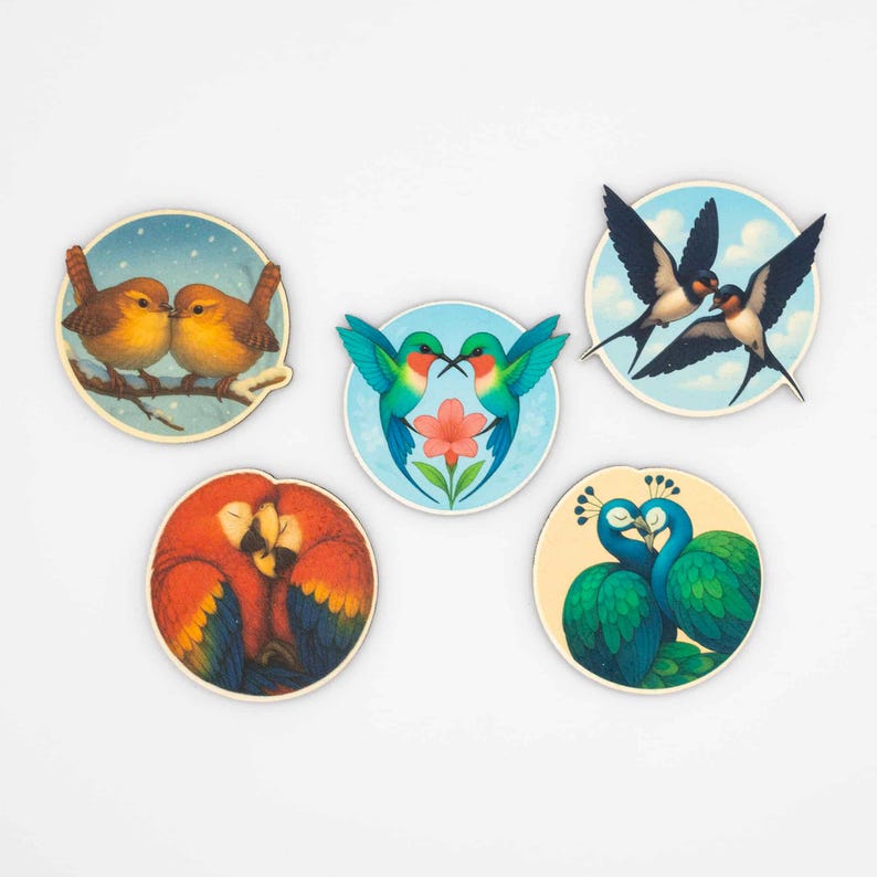 Lovebirds Fridge Magnet Set, Wooden Bird Magnets UV Printed on Linden Wood, Cute Animal Magnets, Belgium Handmade Gift image 4