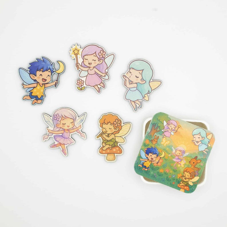 Fairy Magnet Set, Elf Design Wooden Fridge Magnets, Linden Wood Kitchen Magnets, Woodland Fairies Gift, Flowz Belgium image 1
