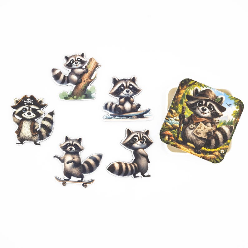 Waschbär Magnetset, Holz Kühlschrankmagnete, Süße Tiermagnete, Handgemacht in Belgien, Neodym Magnet, Küchendeko Geschenk Bild 1