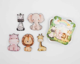 Magneti da frigorifero con animali della savana, set di magneti in legno, zebra, leone, elefante, giraffa, ippopotamo, decorazione per la cameretta, realizzati a mano in Belgio