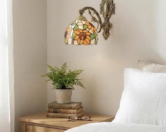 Floral Bedside Wall Lamp Stained Glass Sunflower, Vintage Cottagecore Sconce for Bedroom, Unique Romantic Gift for Her, Reading Light–