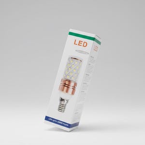 May include: An LED light bulb in a white box with green and blue accents. The box features the word "LED" in orange and the text "Life up to 30000 hours". The bulb has a copper-colored base and a silver screw-in base.