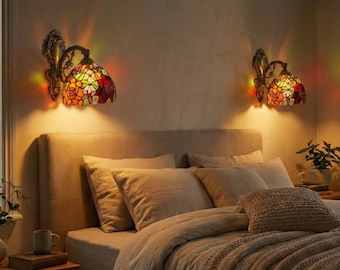 Tiffany Bedside Sconce "Large Sunflower" – Handcrafted Yellow & Amber Stained Glass – Bedroom Light Fixture – Cozy Wall Reading Lamp