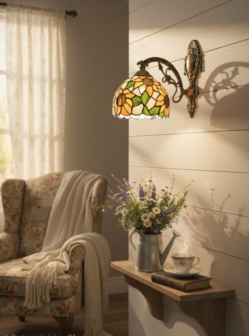 May include: A wall-mounted lamp with a stained glass shade featuring a sunflower design in yellow, green, and white. The lamp has a bronze-colored metal frame. A small wooden shelf holds a watering can, flowers, a teacup, and a book.