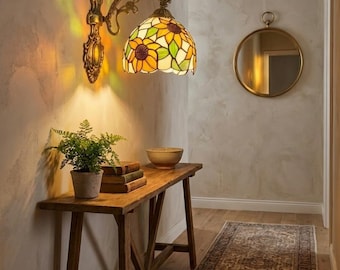 Sunflower Stained Glass Wall Sconce + FREE LED Bulb, Vintage Hallway Lamp, Floral Entryway Light, Art Deco Corridor Decor