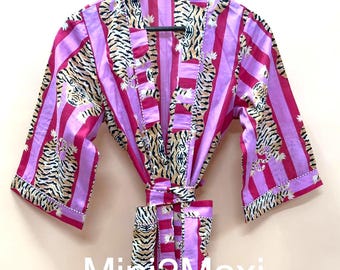 Batas kimono 100 % algodón hechas a mano con estampado de tigre rosa, bata de verano