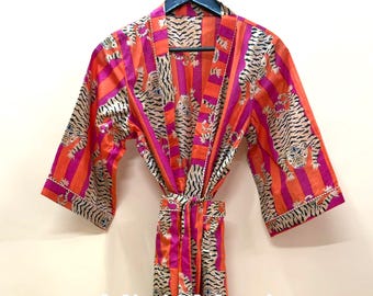 Kimono 100 % algodón con estampado de tigre naranja