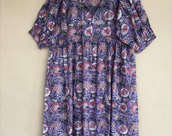 Purple Floral Hand Block Print Cotton Dress - Boho Style, Two Pocket