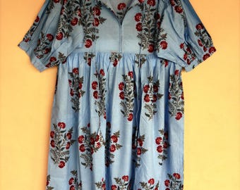 Sky Blue Hand Block Print Cotton Midi Dress - Matching Floral, Two Pocket