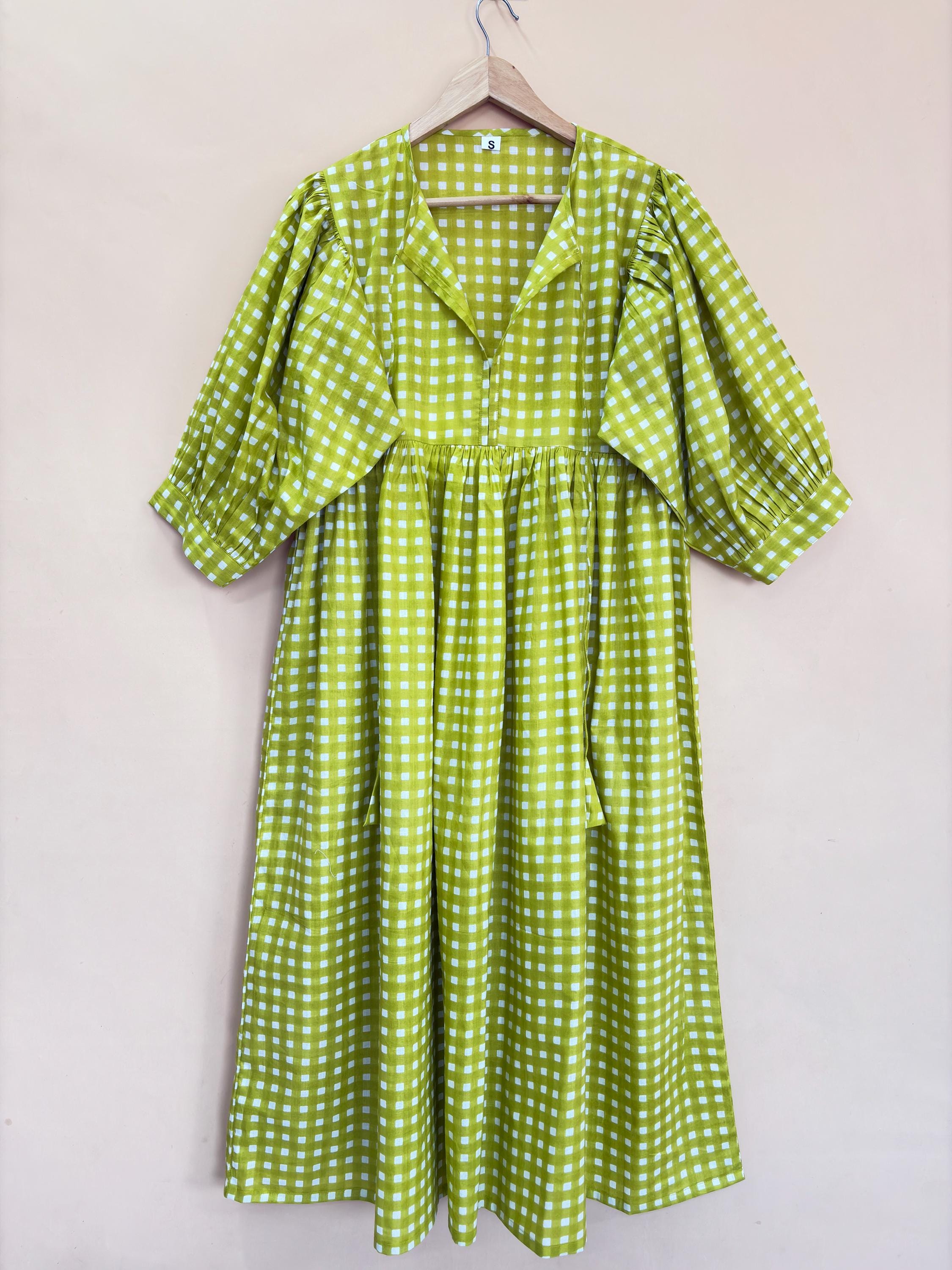 urban outfitters green gingham dress HandBlock Print Cotton Kyra Midi front slit prom dresses