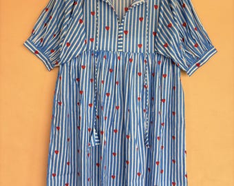 Hand Block Print Cotton Stripe Dress-White and Blue Lining with Heart Shape Two Pocket