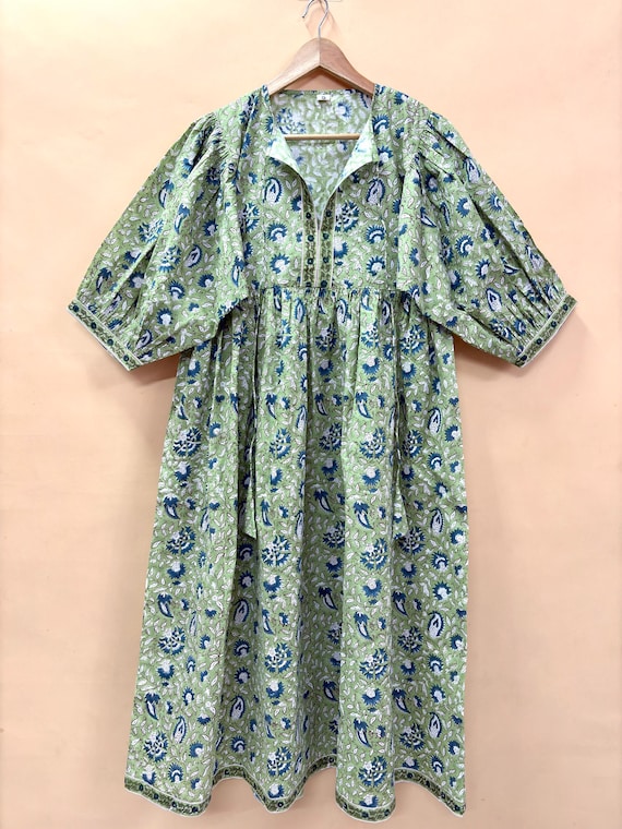 Green Floral Cotton Midi Dress - Hand Block Print Boho Chic Dress