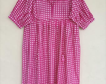 Hand Block Print Pink Cotton Midi Dress – V-Neck, Side Pockets, Chekered