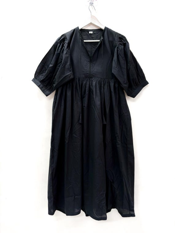 Black Cotton Midi Dress: Full Lining, Lace trim on Border, String Closure Deep Neck