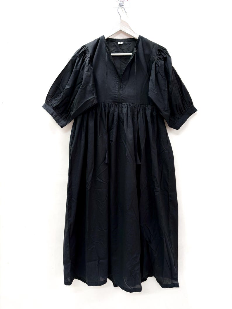 Black Cotton Midi Dress: Full Lining, Lace trim on Border, String Closure Deep Neck image 1