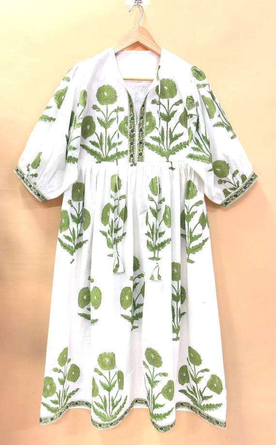Hand Block Print Cotton Midi Dress - Floral Boho Dress