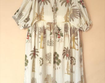 100% Hand Block Print Cotton Dress - Off White Floral, Two Pocket