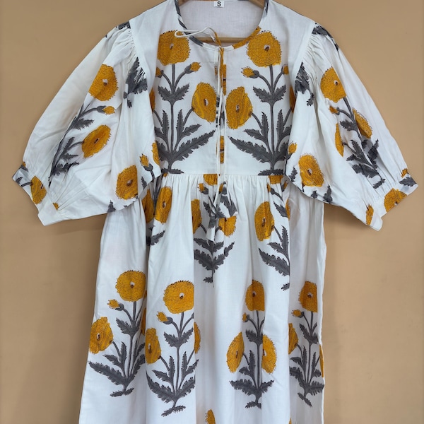 Orange Ringelblumen 100% HandBlock Print Baumwolle Mini Tunika Kleid, Vollfutter, Sommerkleider