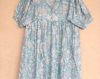 Sky Blue Hand Block Print Cotton Dress - Floral White, Two Pocket