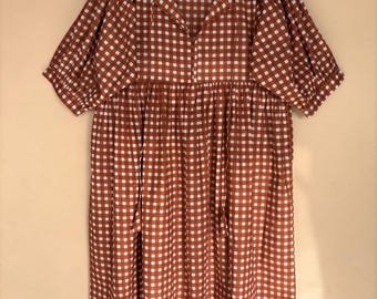 Hand Block Print Cotton Midi Dress – Brown Checkered, V-Neck, Side Pockets