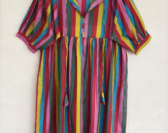 Hand Block Print Cotton Midi Dress - Multicolour Stripe V neck and Both Side Pocket