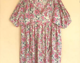 Pink Floral Hand Block Print Cotton Dress - Off White Boho Style, Two Pocket
