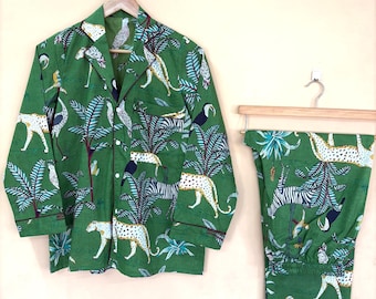 Pijama con estampado de jungla para mujer - 100 % algodón, con bolsillo y cuello en V