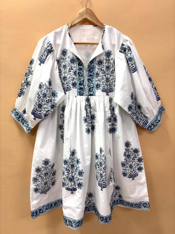 100% Hand Block Print Cotton Midi Dress - White Blue Floral Boho, Full Lining, Pocket