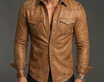 Men's Tan Lambskin Leather Shirt | Handcrafted Slim-Fit Genuine Leather Overshirt | Custom Tailored Luxury