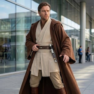May include: A person in a brown Jedi costume, including a long robe, tunic, and boots, stands outdoors. A lightsaber is attached to the belt. The costume is tan and brown, with a leather belt and brown boots. The background includes a modern building.