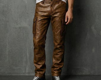 Men's Handmade Distressed Brown Real Leather Biker Pants.
