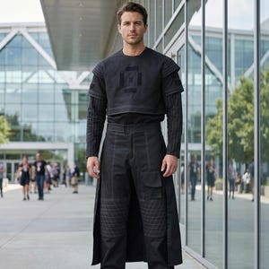 Op de afbeelding: Een persoon in een zwarte outfit met een crop top, een shirt met lange mouwen en een broek met een rokachtig paneel. De outfit heeft geometrische patronen en zichtbare stiksels. De persoon staat voor een modern gebouw.