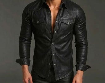 Men's Black Lambskin Leather Shirt | Handcrafted Slim-Fit Genuine Leather Overshirt | Custom Tailored Luxury