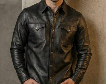 Men's Black Sheepskin Leather Shirt Jacket – Western Snap Button Overshirt.