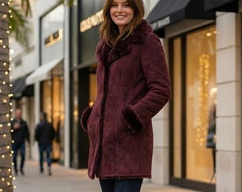 Handmade Shearling Burgundy Suede Coat – Women's Fur Lined Warm Winter Jacket – Vintage Style Mid Length Outerwear