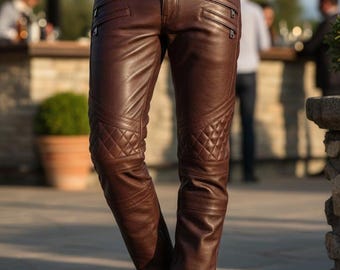 Men's Handmade Brown Vintage Style Real Lambskin Leather Pants.