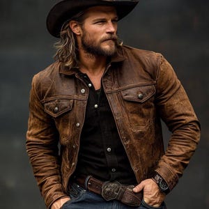 May include: A brown leather jacket with two chest pockets and button fastenings. The jacket is worn over a black shirt. The person is wearing a brown cowboy hat, a watch, and a belt with a decorative buckle. The person is wearing blue jeans.