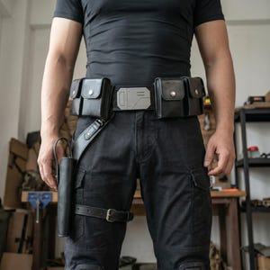 Op de afbeelding: Zwarte utility riem met meerdere zakjes en een holster. De riem heeft een zilverkleurige gesp en wordt gedragen met een zwarte cargobroek. De holster is bevestigd aan een beenriem. De riem is gemaakt van leer.