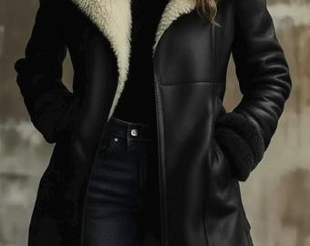 Women’s Shearling Leather Coat | Handmade Shearling Coat with Fur Collar