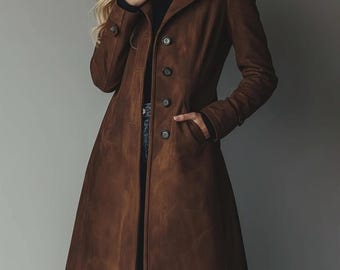 Handmade Suede Trench Coat – Vintage Style Brown Leather Overcoat