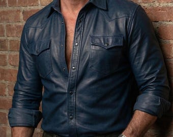 Chemise western bleue homme en cuir d'agneau | Surchemise ajustée faite main