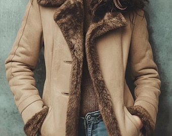 Manteau en cuir de mouton retourné pour femme - Veste en peau de mouton vintage avec doublure en fourrure.