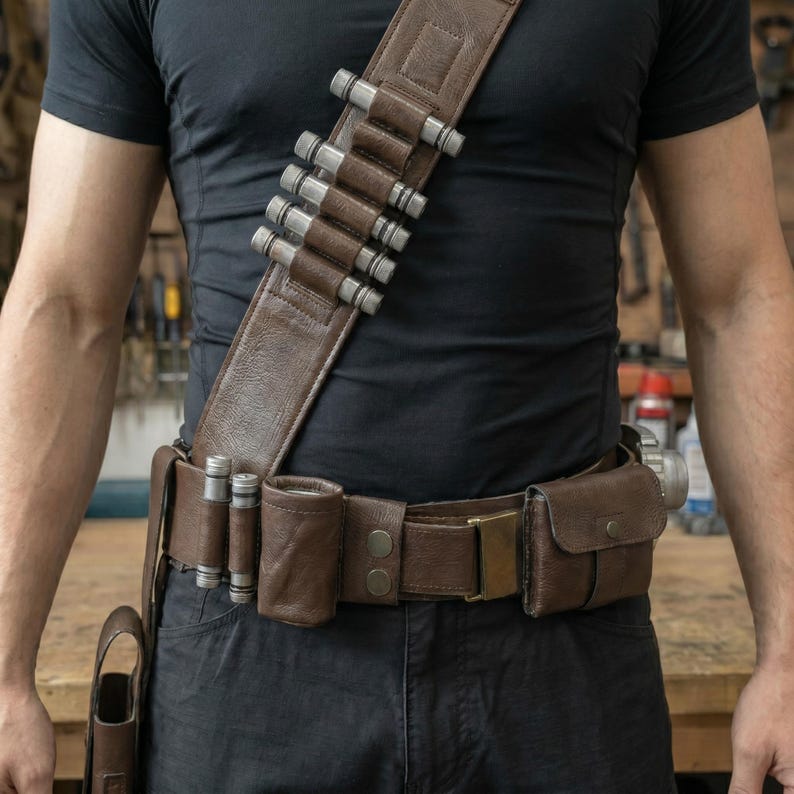 May include: Brown leather bandolier and belt set with silver-colored cylindrical accents. The bandolier crosses the chest, and the belt features pouches and a brass buckle. The set is designed for carrying items.