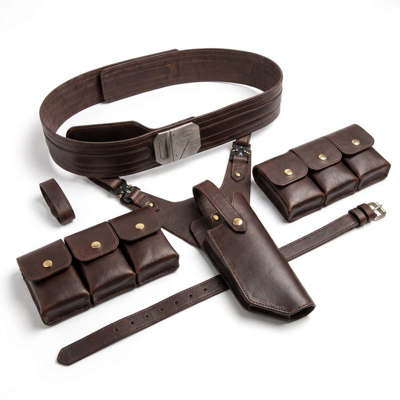 Op de afbeelding: Een bruine leren riem met zilveren gesp, vergezeld van een holster, pouches en riemen. De set bevat meerdere pouches met messingkleurige knoopsluitingen en een kleine riemlus. Het leer is een rijk, donkerbruin.