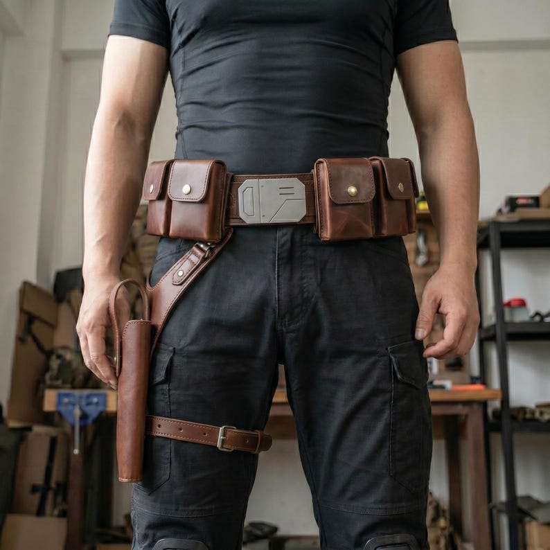 Op de afbeelding: Bruin leren utility riem met meerdere zakjes en een holster. De riem heeft een zilveren gesp en wordt gedragen met een zwarte broek. De zakjes hebben knoopsluitingen. De holster is bevestigd aan een beenriem.